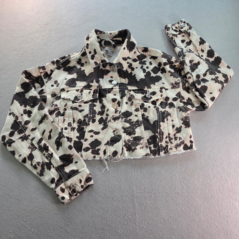 Forever 21 Cow Print Cropped Denim Jacket Brown White Western Y2K S